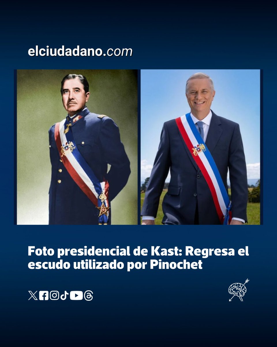 El_Ciudadano's tweet photo. El mandatario electo se convierte en el primer presidente desde el retorno a la democracia en incorporar el escudo en la banda presidencial, al igual que Pinochet.

El pasado martes 24 de febrero, la Oficina del Presidente Electo (OPE) reveló el retrato oficial de José Kast, imagen que deberá ser exhibida en todas las instituciones públicas a partir del 11 de marzo. La fotografía generó una reacción inmediata al confirmar el retorno del Escudo Nacional al centro de la banda presidencial, un detalle que no se utilizaba desde que el dictador Augusto Pinochet dejó el poder en 1990.

Leer más https://t.co/UiuS10G3tj