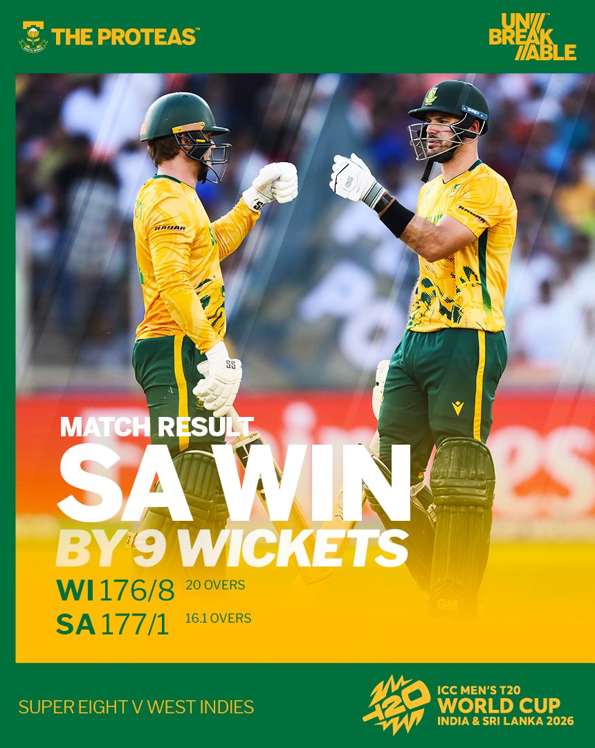 🚨 MATCH RESULT 🚨

An absolutely dominant all-round display from #TheProteas sees their unbeaten run continue with a masterful 9 wicket victory over West Indies. 🇿🇦😤

A remarkable campaign continues to gather momentum in this #T20WorldCup as belief grows stronger with every