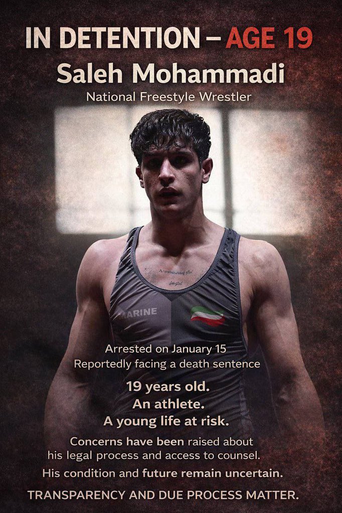 #SalehMohammadi is at serious risk of execution.He is a 19 year old national freestyle wrestler.He has the right to live. Do not stay silent speak up before it’s too late.
صالح محمدی در خطر فوری اعدام!
#IranMassacre #StopExecutionsInIran