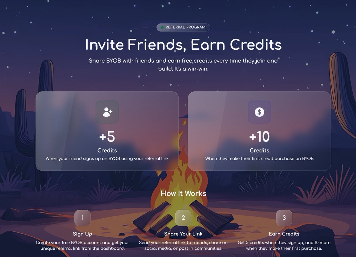 che4os's tweet photo. launching referral program on BYOB | Build Your Own Buzz.
infinite credit loop, invite friends and keep building forever. 

https://t.co/ydg2uBtHvc

ship that web app now.