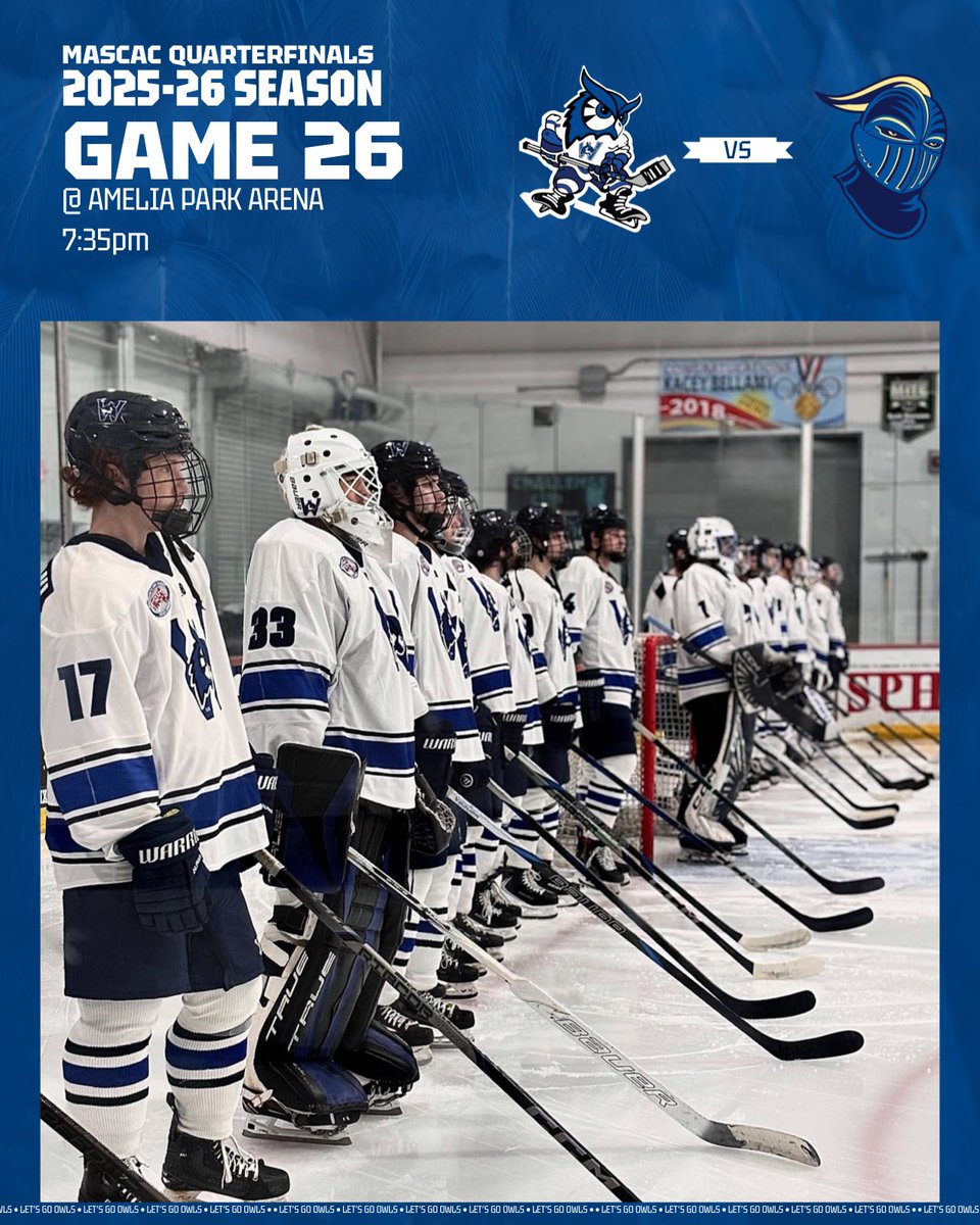 Round One

Game 26

 🗓️ 02/26/26
📍 <a href="/AmeliaParkArena/">Amelia Park Arena</a> 
🆚 <a href="/WSU_Hockey/">WSU Lancers Hockey</a> 
⏰ 7:35pm
🎥 WestfieldStateOwls.com

#OwlsHockey🦉🏒