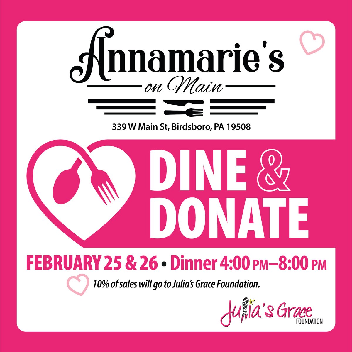 No need to cook dinner!
Join us tonight, February 26 for a delicious dinner at Annamarie's on Main in Birdsboro!
10% of sales go to Julia's Grace!