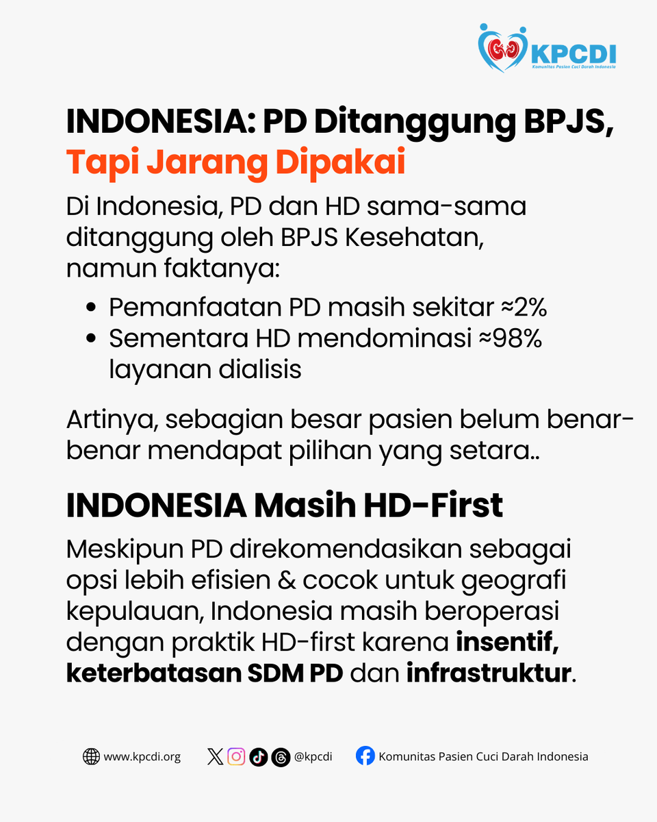 kpcdi's tweet image. Indonesia? Masih terlalu bergantung pada HD.
Indonesia sebenarnya sudah menanggung PD melalui BPJS, namun implementasinya masih sangat terbatas dan sistem masih berfokus pada HD.

#PDFirst #CAPD