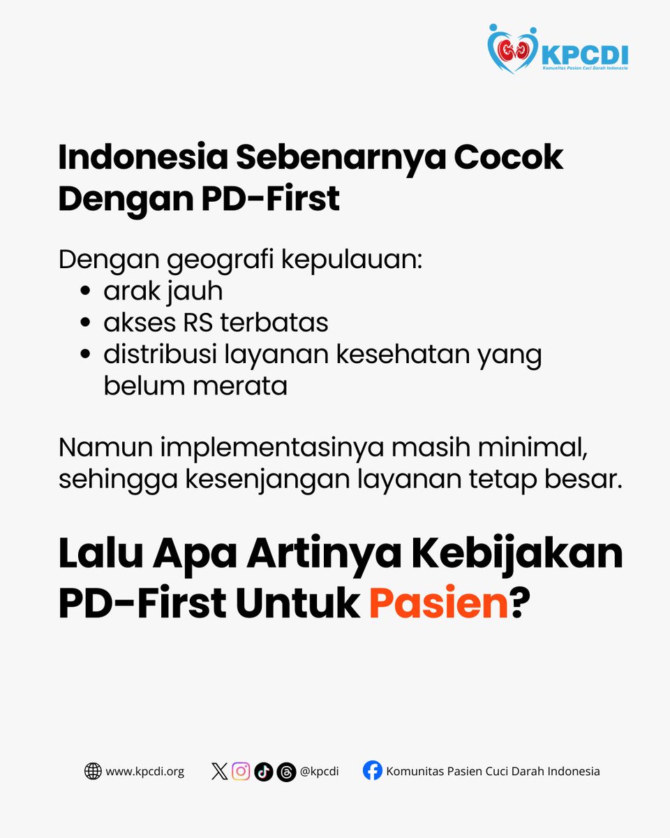 kpcdi's tweet image. Indonesia? Masih terlalu bergantung pada HD.
Indonesia sebenarnya sudah menanggung PD melalui BPJS, namun implementasinya masih sangat terbatas dan sistem masih berfokus pada HD.

#PDFirst #CAPD