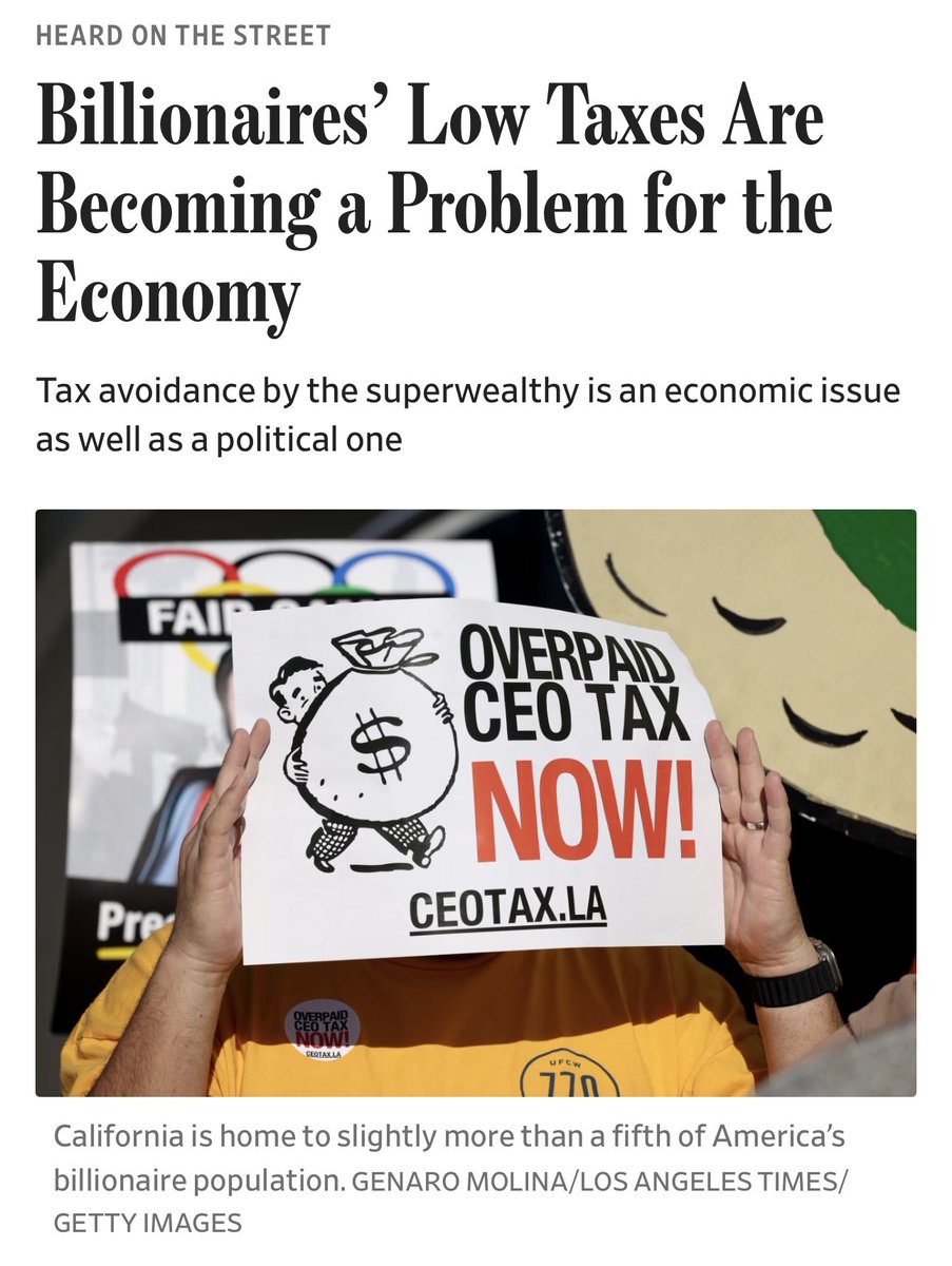 Even the Wall Street Journal is starting to see the light 👇

"Billionaires put less into the tax pot as a percentage of their wealth than wage earners. One working paper by the National Bureau of Economic Research found that the effective tax rate for the U.S.’s 400 wealthiest