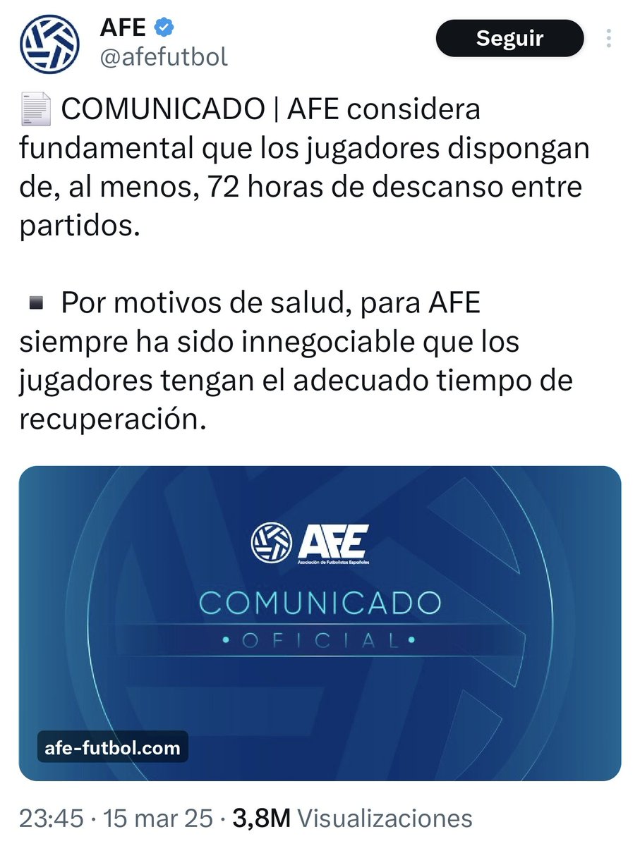 La <a href="/afefutbol/">AFE</a> sacó un infame comunicado solo para defender al Madrid la única vez que jugó con menos de 72 horas de descanso. Sois unos putos sinvergüenzas <a href="/davidaganzo/">David Aganzo</a>.
