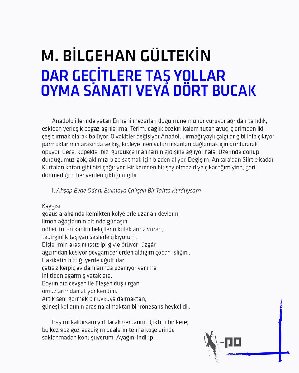 buzdokuzdergi's tweet photo. [M. Bilgehan Gültekin - Dar Geçitlere Taş Yollar Oyma Sanatı veya Dört Bucak] 
#Xpoetry #Xpoetries #BuzdokuzXPo https://t.co/AJXVr79CM0