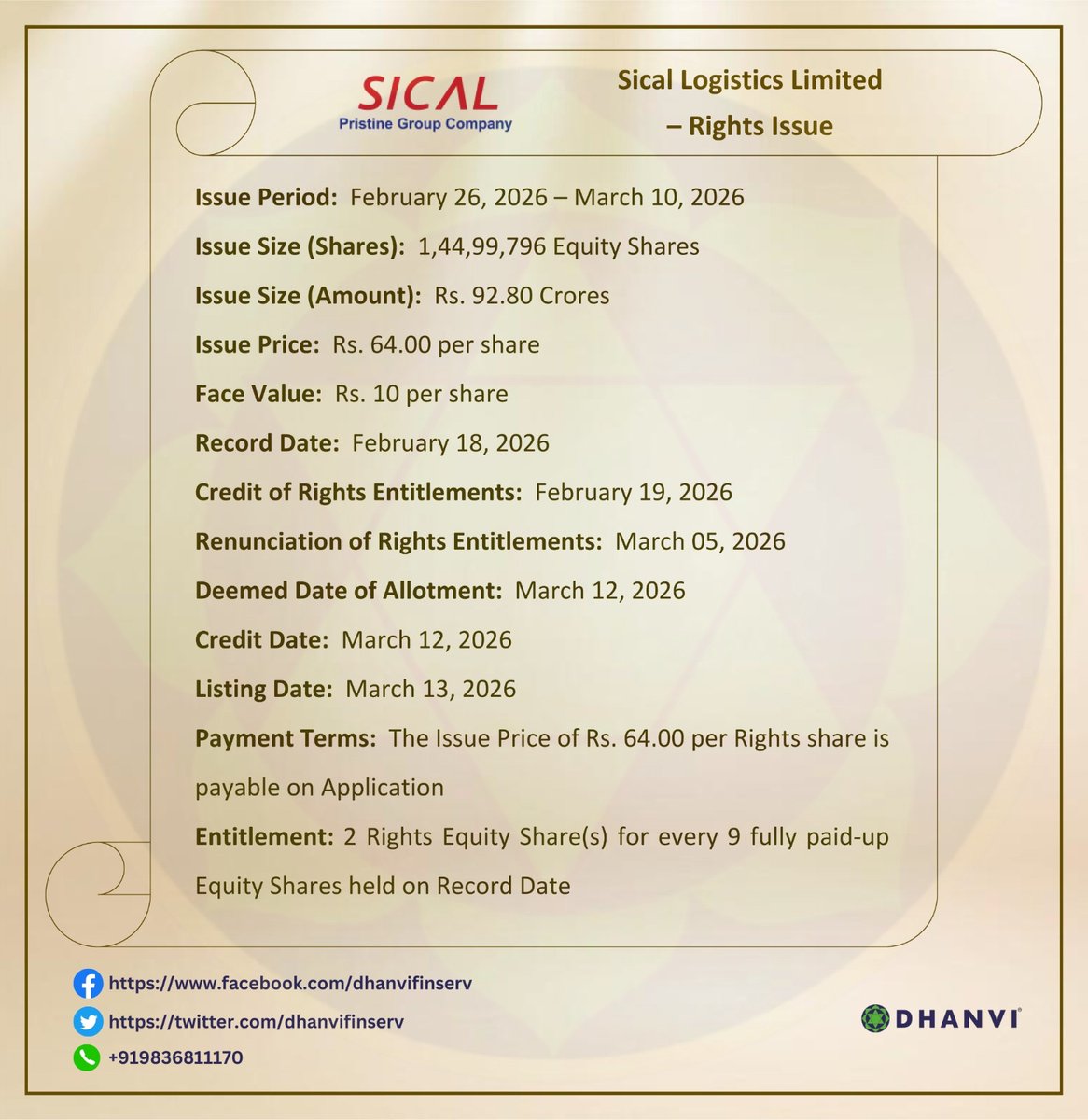dhanvifinserv's tweet photo. Sical logistics Limited - Rights Issue ๐
#rights #RightsIssue #RIGHTSHARE #rightissueofshare #dhanvifinserv #Dhanvi #sharemarketindia #sharemarketnews #dailymarketupdate #stockmarketindia #rightshareissue #sicallogistics #stocks #investors https://t.co/LB2uyLGJiU