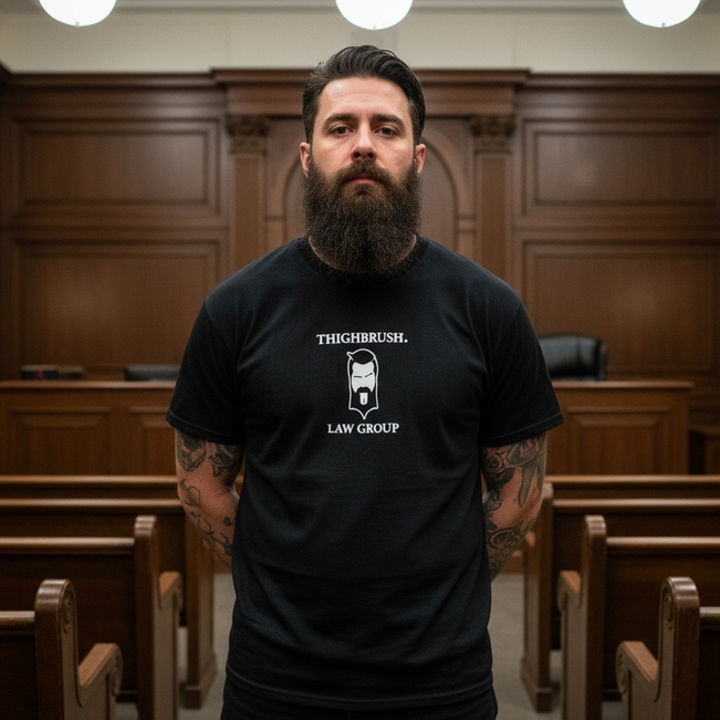 THIGHBRUSH® LAW GROUP "WE'LL GET YOU OFF!" Men's T-Shirt in Black with Logo/Print in White on the Front and Back. Available in Sizes Small - 5X-Large. 

Product Link: thighbrush.com/products/thigh…®-law-group-well-get-you-off-mens-t-shirt-black 

#THIGHBRUSH #lawyer