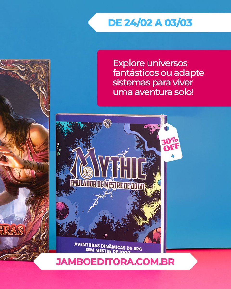 jamboeditora's tweet photo. ACERVO #RETROPUNK COM ATÉ 30% DE DESCONTO 🤘💥
Comemore a Semana do RPG começando uma nova campanha!
Explore o universo fantástico de #TheDarkEye ou adapte seu sistema favorito e viva uma aventura solo com #Mythic 🎲
📅 Promo disponível até dia 03/03
Estes e outros RPGs te esperam em nosso site!
➡️ https://t.co/OE3Req5cEi