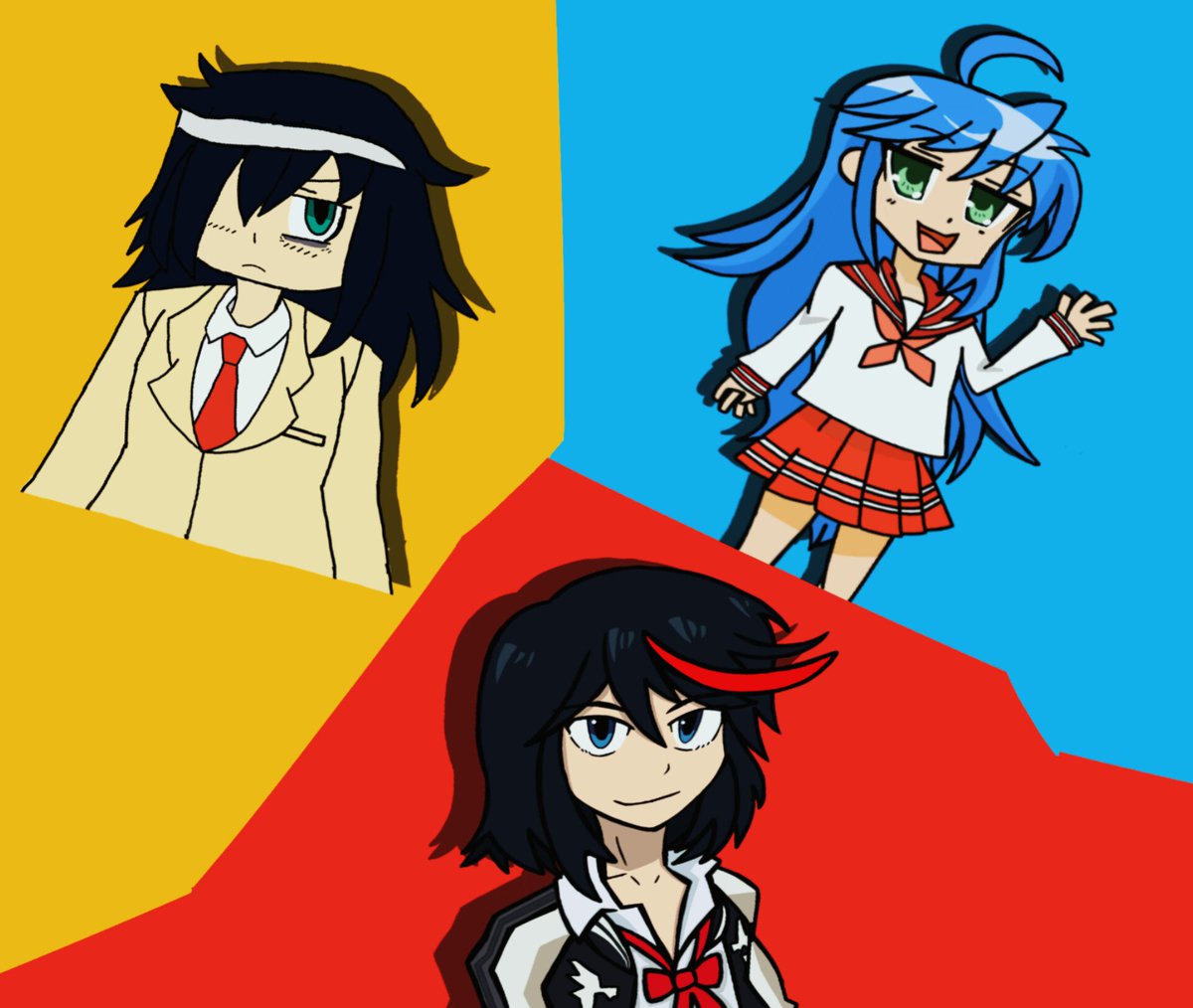 nigelshark's tweet photo. The trilogy of popular anime girl characters I randomly decided to draw cuz I felt like it https://t.co/udmDgvpMrq