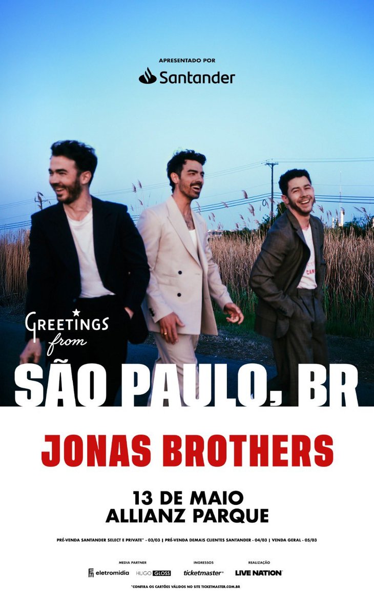 tracklist's tweet photo. 🚨 JONAS BROTHERS NO BRASIL! O trio se apresenta no país no dia 13 de maio, no Allianz Parque, em São Paulo (SP). https://t.co/UQrQAHU9Yr