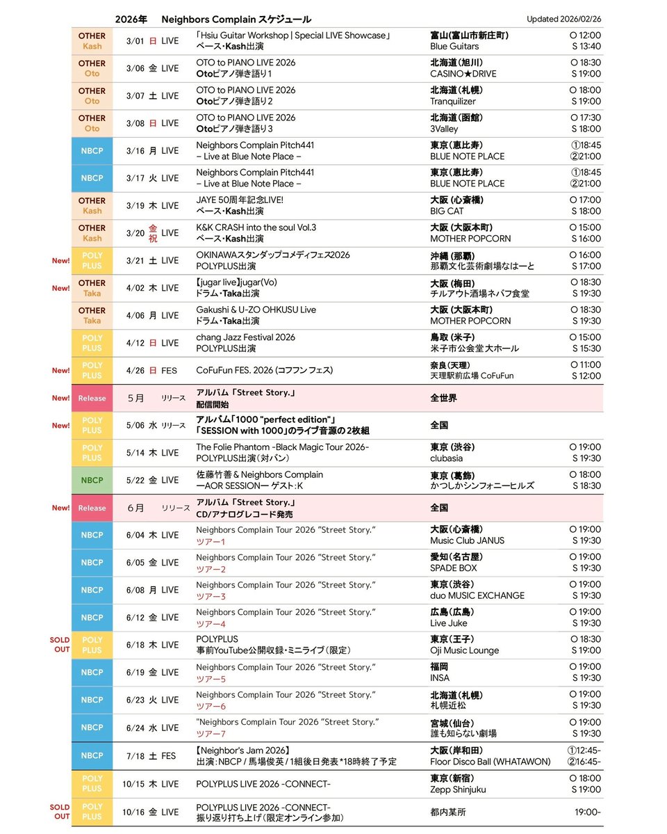 🛤️Neighbors Complain🌷 ✏スケジュールまとめ (updated 2026/02/26