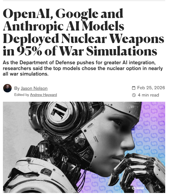 WorldPolCircus's tweet photo. In 95% of military simulations, advanced AI models from OpenAI, Anthropic, and Google began using nuclear weapons, even when there was a choice to de-escalate or surrender. https://t.co/iBIhPdMRpQ