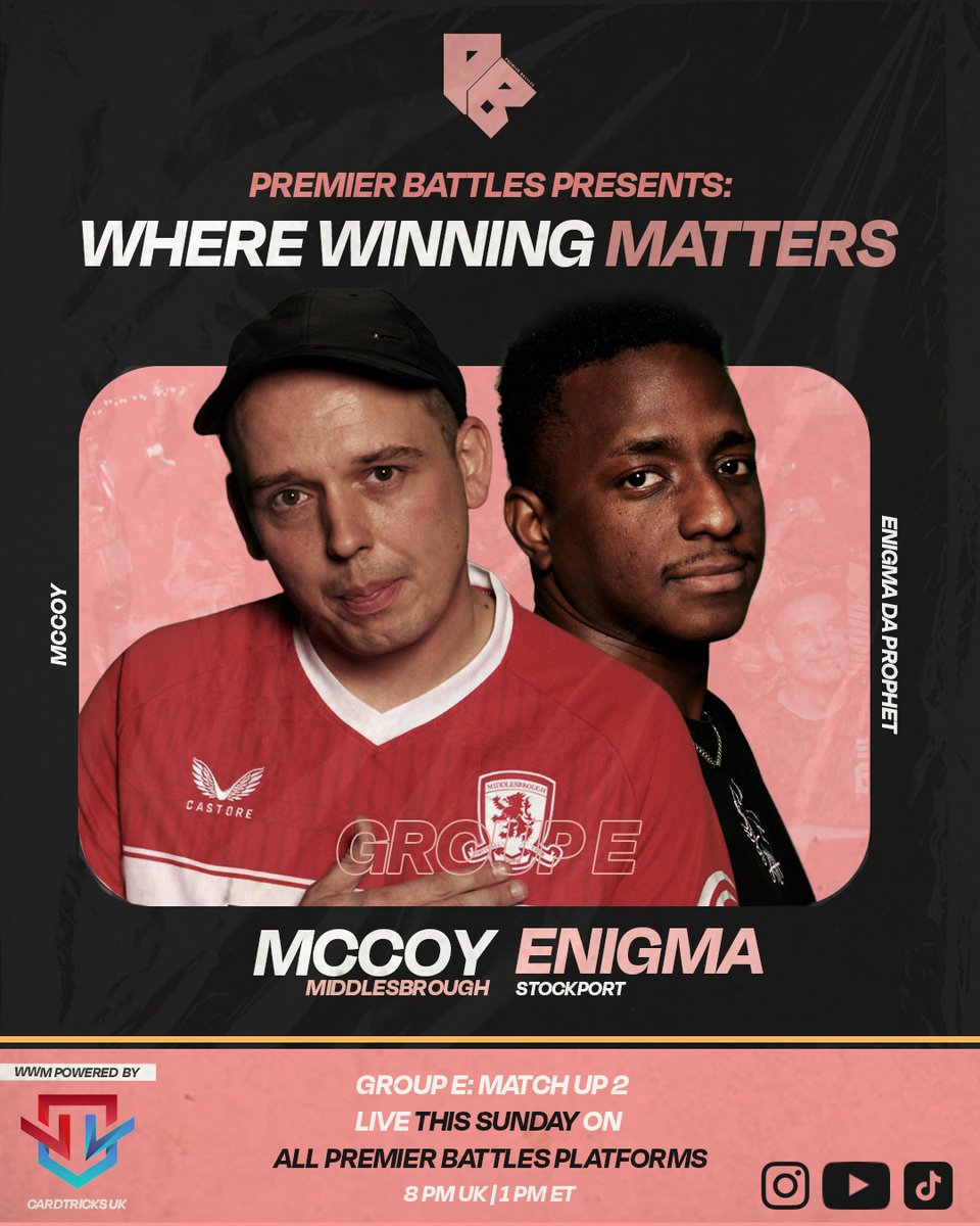 PremierBattle's tweet photo. 📌 SUNDAY

in Group E, Enigma Da Prophet can cement his final 16 place by picking up a win over McCoy, who'll find himself eliminated from the competition if he fails to pick up the three points to keep him in the game!

Find out this sunday at 8pm! https://t.co/uVe6KyFFyy