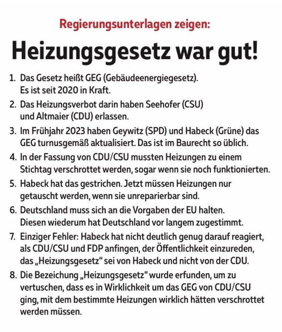 Die #Union betreibt beim „Heizungsgesetz“ gezielt Nebelkerzen und glaubt den Wähler verarschen zu können. Schlimmer noch, auf dem Rücken der Bürger wird hier Rache genommen, weil einige in der #Union bleibende Schäden davongetragen haben, weil sie einmal von Habeck (zurecht!!)