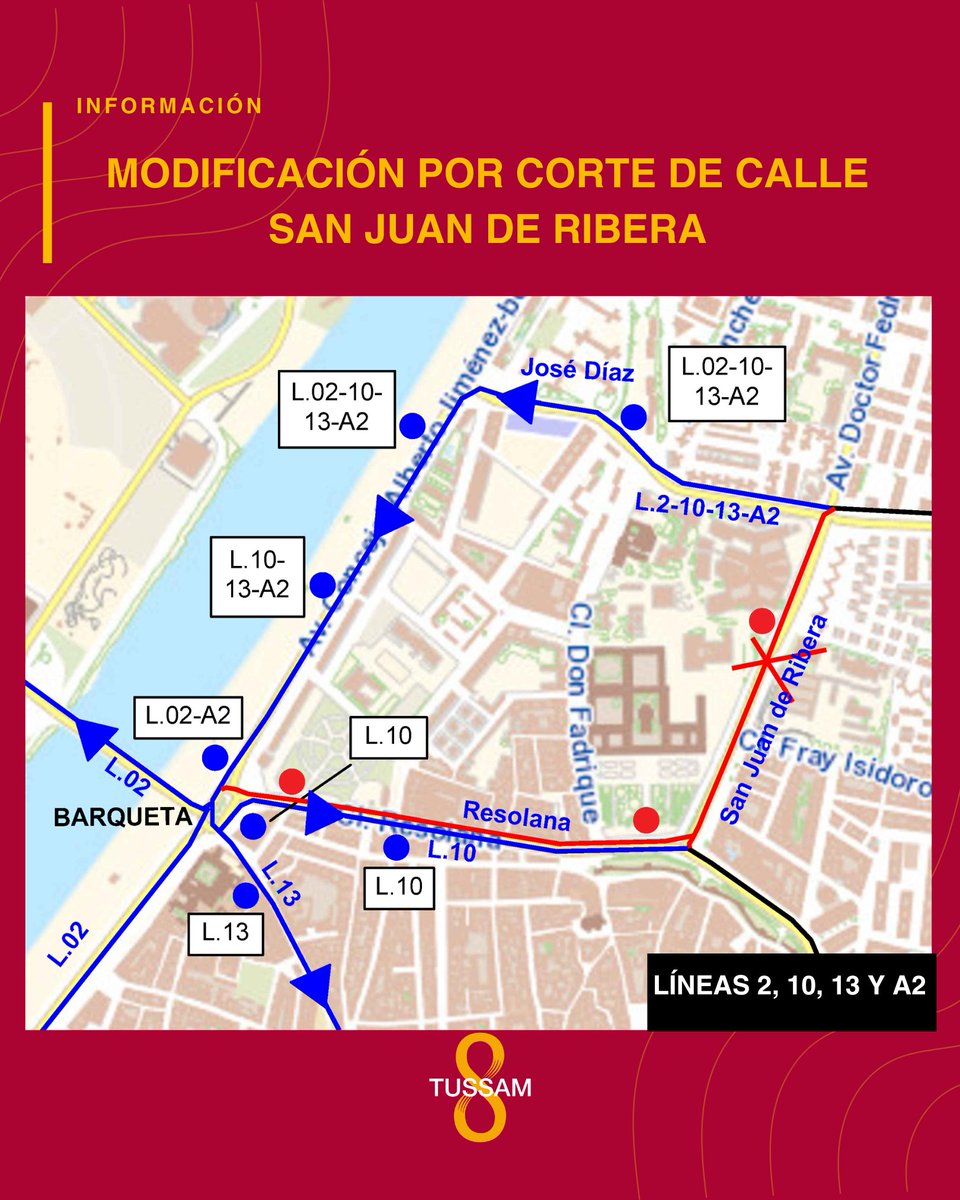 tussamoficial's tweet photo. #TUSSAMinforma | Desvíos con motivo del avance de las obras del Metro en la calle San Juan de Ribera.

🚍 Líneas 1, 16, 2, 10, 13 y A2.
🗓️ A partir del lunes 2 de marzo.

🔄 Los itinerarios quedarán de la siguiente manera:

➡️Línea 1: 
▪️Sentido Polígono Norte: ... María Auxiliadora, Avenida de Miraflores, Ronda Pío XII, Sor Francisca Dorotea, Avenida San Lázaro,... a su recorrido habitual.

▪️Sentido Hospital Virgen del Rocío: ... Avenida Trabajadores Inmigrantes, Ronda de Pío XII, Avenida de Llanes, Carretera Carmona, María Auxiliadora,...a su recorrido habitual.

❌ Quedan suprimidas todas sus paradas en Ronda Capuchinos, Muñoz León, Don Fadrique, Dr. Marañón, San Juan de Ribera y Dr. Leal Castaños.

📍 Se habilitan nuevas paradas en:
o Avenida de Miraflores.
o Ronda de Pío XII.
 o Sor Francisca Dorotea cambia su sentido hacia
       Polígono Norte.
o Avenida de Llanes.
o Carretera de Carmona.

➡️Línea 16:
▪️Sentido Valdezorras: ... María Auxiliadora, Avenida de Miraflores, Avenida San Juan de la Salle... a su recorrido habitual.

▪️Sentido Centro: ... Avenida de Pino Montano, Avenida de Llanes, Carretera Carmona, María Auxiliadora... a su recorrido habitual.

❌ Quedan suprimidas todas sus paradas de la Ronda Capuchinos, Dr. Marañón, San Juan de Ribera y Sor Francisca Dorotea.

📍 Se habilitan nuevas paradas en: 

o Avenida de Miraflores (sentido Valdezorras).
o Avenida de Llanes (sentido centro).
o Carretera de Carmona (sentido centro).

➡️Líneas 2, 10, 13 y A2: 
▪️Por Dr. Marañón, calle José Díaz, Avenida Concejal Jiménez Becerril, Barqueta...a su itinerario habitual.

❌ Quedan suprimidas las siguientes paradas:

o San Juan de Ribera – Hospital Virgen Macarena.
o Parlamento de Andalucía (líneas 2-13).
o Resolana–Barqueta (líneas 2-13).

📍 Se habilitan las siguientes paradas:

o José Díaz–Macarena Tres Huertas.
o Avenida Concejal Jiménez Becerril.
o Barqueta.
o Resolana (solo línea 10).