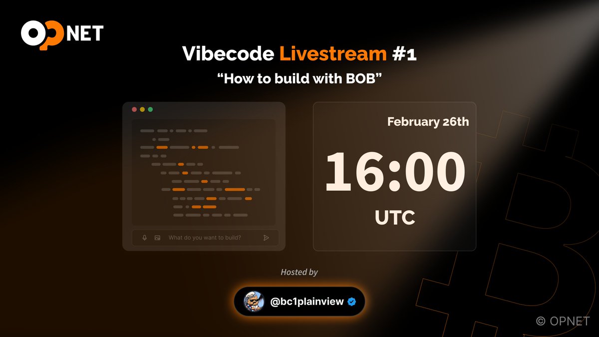 Vibecode Livestream Today at 16:00 UTC.

<a href="/bc1plainview/">Danny Plainview (🍊,💊)</a> goes live to show you how to build on Bitcoin Layer 1 with BOB.

Describe your app. Watch it get built. Ask questions live.  

See you there 🍊💊