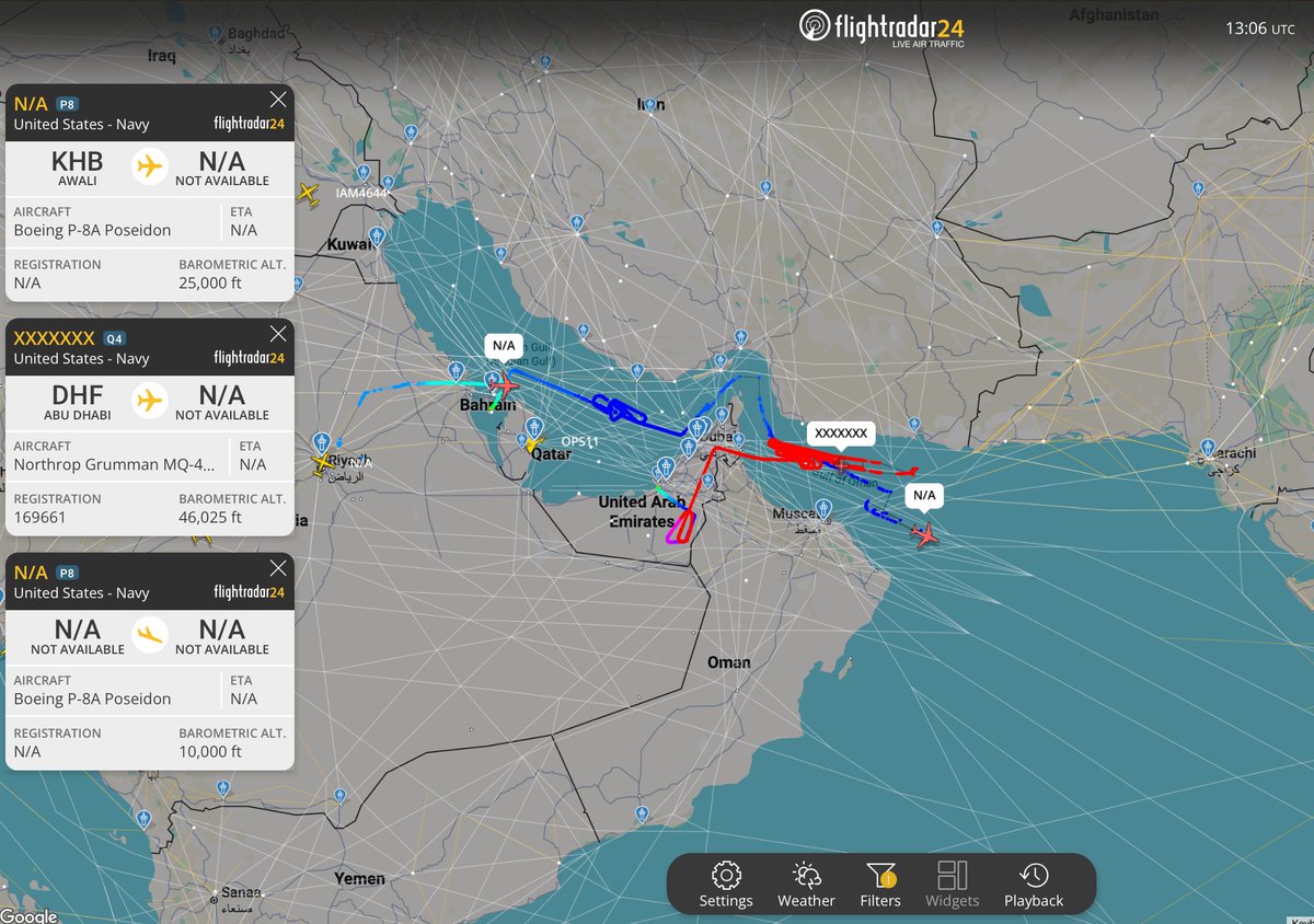 hey_itsmyturn's tweet image. 3x #USN 🇺🇸 ISR (&amp;amp; ASuW) birds are up over the Persian Gulf and the Gulf of Oman 

2x P-8A Poseidon (AE6851 &amp;amp; AE6847)
1x MQ-4C Triton (AE7814)