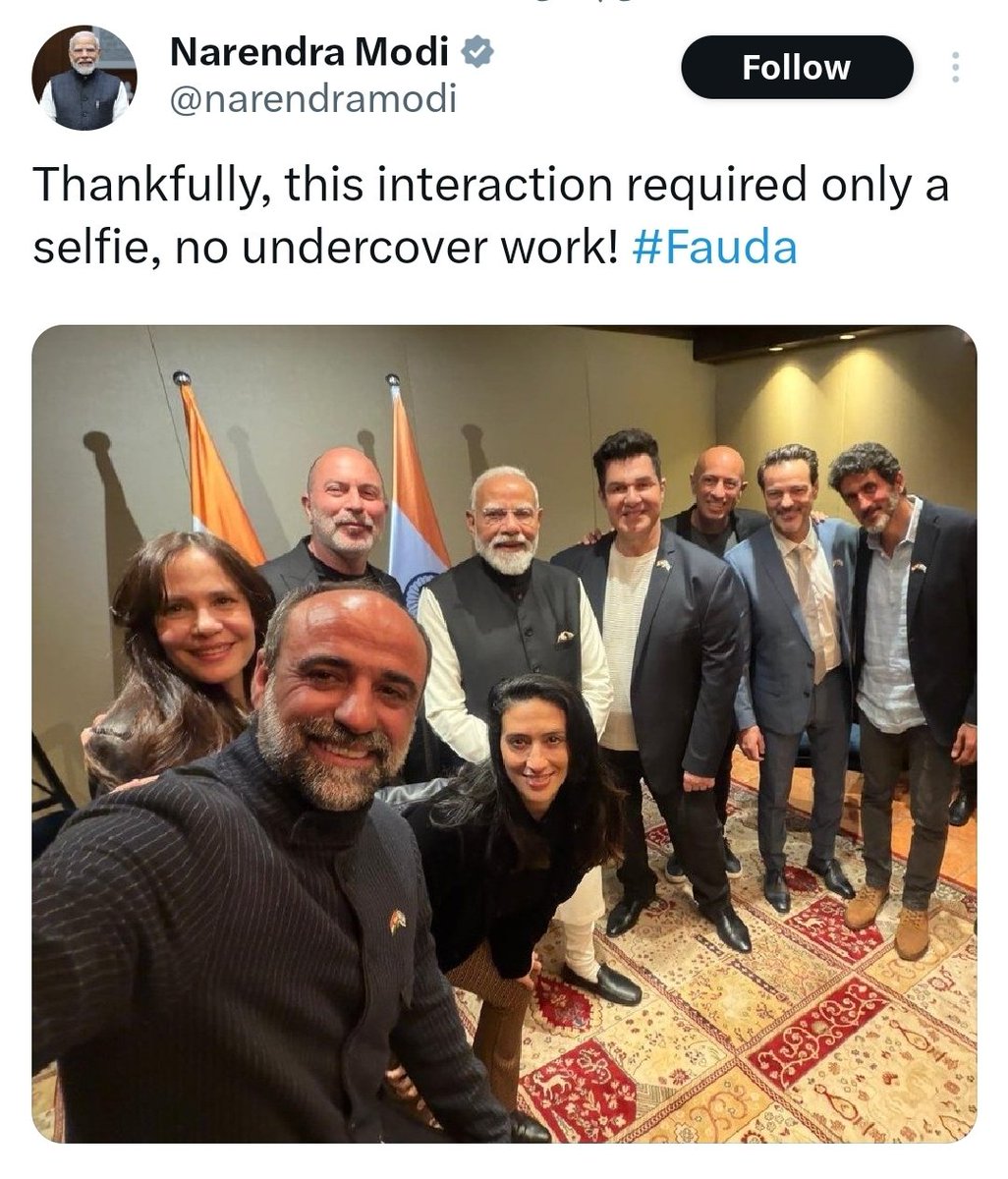 🇮🇳🤝🇮🇱 PRIME MINISTER MODI MEETS THE CAST OF FAUDA
India’s Prime Minister Narendra Modi shared a moment with the cast of Fauda, joking that this time it only required a selfie, not undercover work.