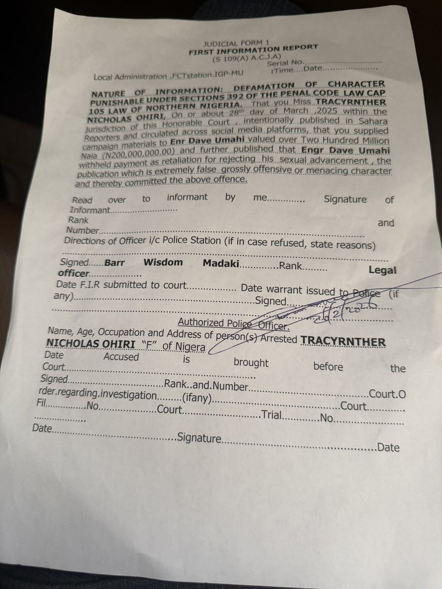 sowore's tweet photo. Nigeria Works Minister, David Umahi’s victim, TracyNither Nicolas Ohiri, faces defamation charges filed by the @PoliceNG at an Abuja Magistrate court following a 3-day detention. Their goal is to deny her bail and send her to prison. https://t.co/sT5OGOx8Yb