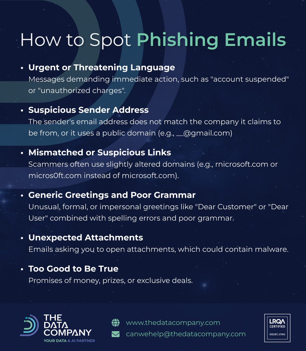 DataCompanytech's tweet photo. Cyber-attacks are becoming more personal and harder to spot. Here is a quick guide to help you identify the signs of a phishing email.

Visit our website to see how The Data Company can help your business https://t.co/fTobIcQutM

#CyberSecurity #ISO27001 #SafetyFirst #TechTips https://t.co/N83lPZajCv