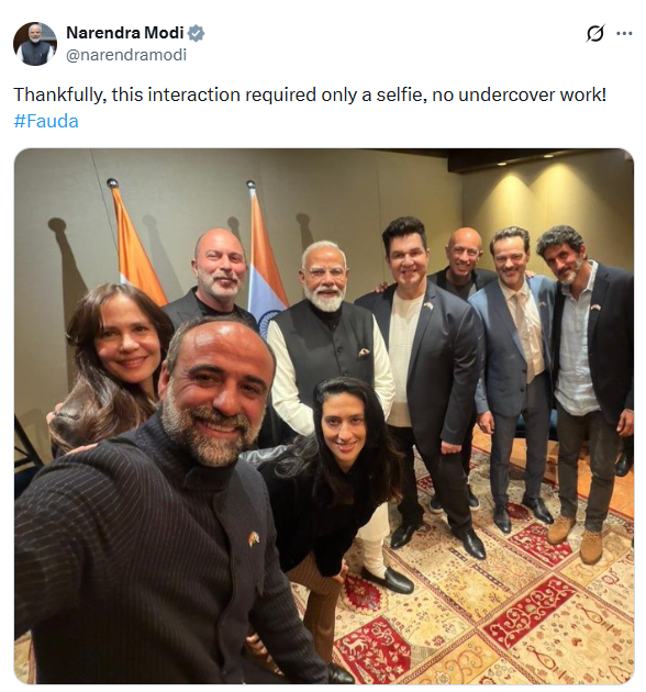 PTI_News's tweet image. PM Modi (@narendramodi) posts, "Thankfully, this interaction required only a selfie, no undercover work! #Fauda"