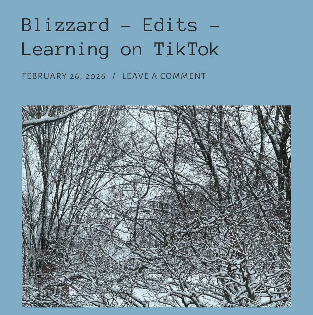 Hey all, new post alert!! Hope you’ll check it out:

Blizzard - Edits - Learning on TikTok

newchaptercove.com

Hope you’ll check get something out of it. ☺️
-
-
#blog #writingcommunity
#socialmedia #amwriting
#author #writer #blogger 
#bekind
