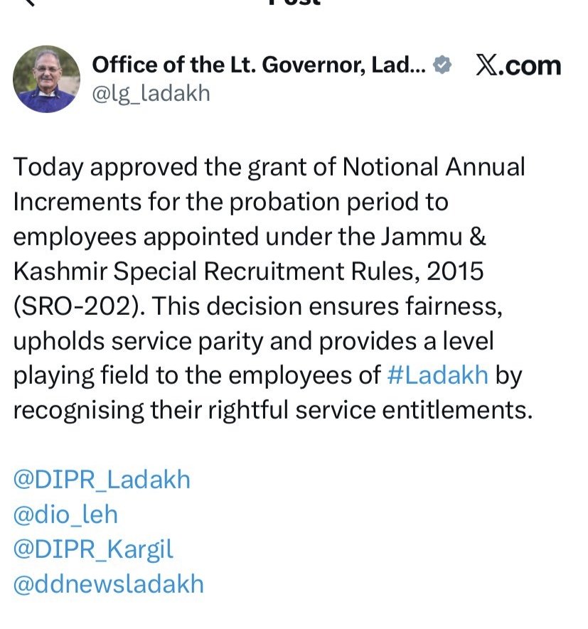 112345678yu's tweet photo. @lg_ladakh has approved notional increments under SRO-202 for probation employees! Fairness &amp; parity ensured.
J&amp;K Govt, extend the same immediately! 🙏 @CM_JnK
 @OfficeOfLGJandK @manojsinha_ @OmarAbdullah #SRO202 #JKEmployees https://t.co/5bUWeImGMo