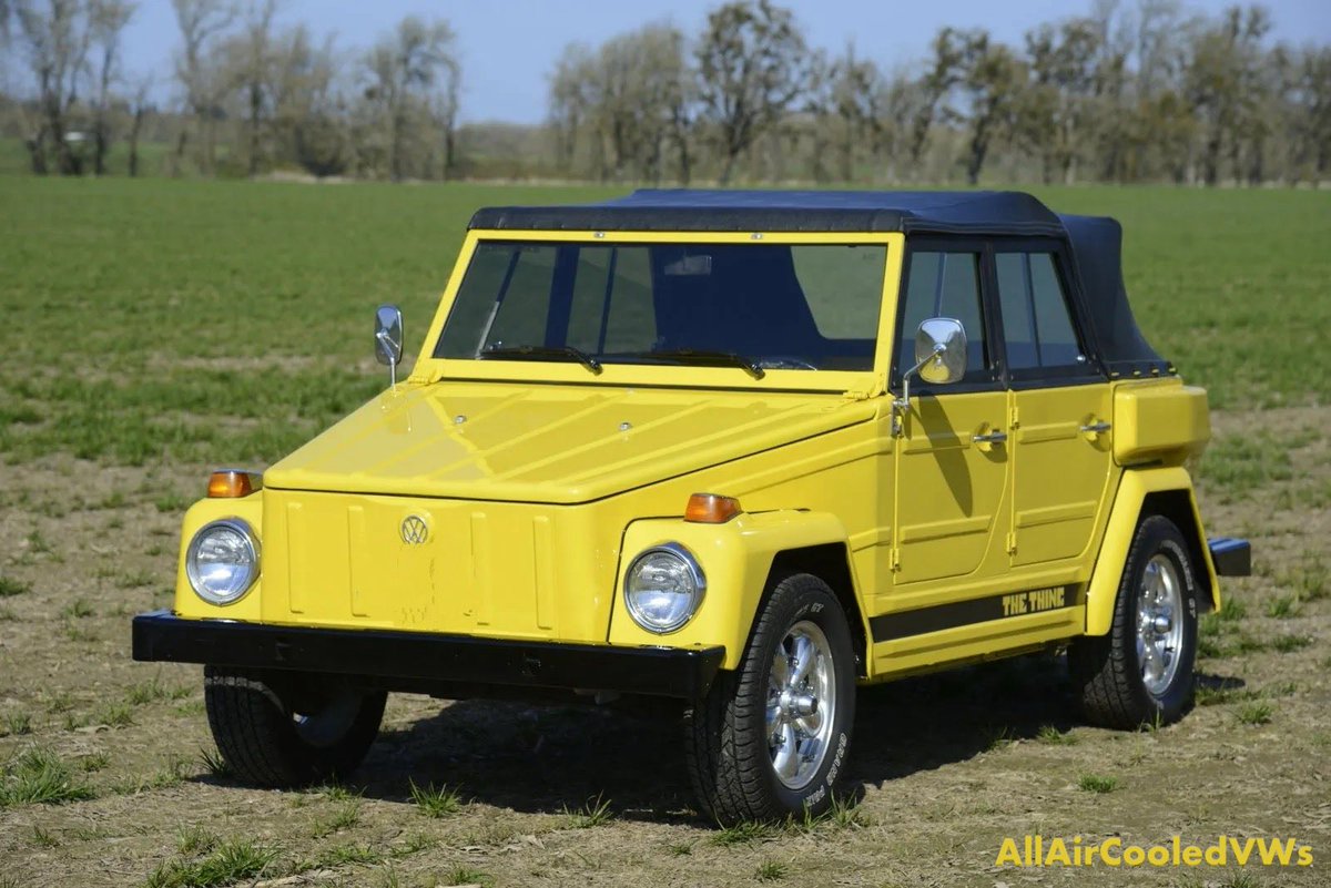 allaircooledvws's tweet photo. Bright yellow and built for fun, this VW Thing is all about open-air freedom. Boxy, simple, and unmistakably cool, it’s the kind of classic that makes every drive feel like summer. Drop the top, pull the doors, and just enjoy the ride. Air-cooled attitude at its best. #VWThing https://t.co/Odr79yr5GE