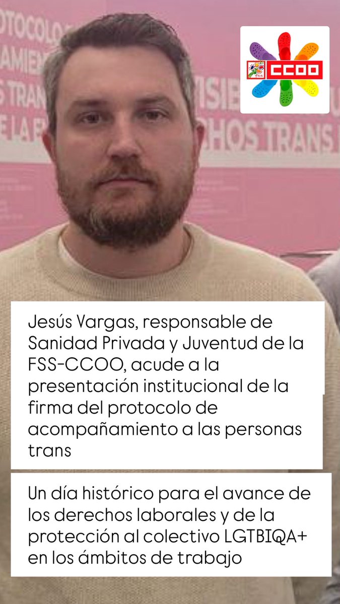 🏳️‍⚧️ CCOO celebra la firma de un protocolo de acompañamiento a personas trans en la empresa, pionero en el mundo

👉🏻 Nuestro compañero, Jesús Vargas, ha acudido al acto de presentación 

💻 Web 

sanidad.ccoo.es/noticia:751113…

👁️ Presentación 

youtube.com/live/T9g3BWUYA…

#OrgulloDeSer