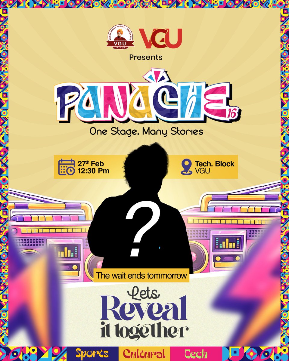The stage is set… but the name? Still a mystery. 

PANACHE 16 is about to get louder, bigger, and crazier! 
Can you guess who’s stepping onto the VGU stage?

Drop your predictions below 
Let’s see who gets it right before the big reveal. 

#Panache16 #ArtistReveal