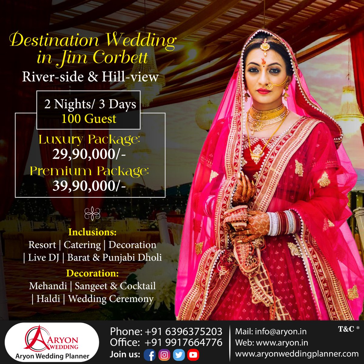 AryonWedding's tweet photo. Destination Wedding in Jim Corbett
100 Guest for 2 Nights/ 3 Days
Luxury Package: 29,90,000/-
Premium Package: 39,90,000/-
Aryon Wedding Planner 
Phone: 91-6396375203 &amp; Office: +91-9917664776 
Mail: info@aryon.in https://t.co/3zJXKANDhx
Facebook: https://t.co/hEDseePrUw https://t.co/34hUzxem4g