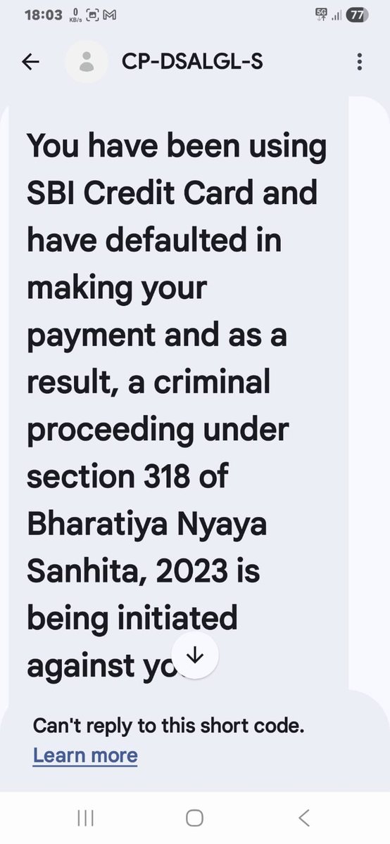 @Sbi <a href="/RBI/">ReserveBankOfIndia</a> <a href="/nsitharaman/">Nirmala Sitharaman</a> 
Sir ,

          My name Ranjan paul 

My sbi credit card last four digits 5839 . Sms aya aur mail aya ki mere upar 318 ka case karega  dhamki he ye . Ye illegal he isko turant resolve kijiye .