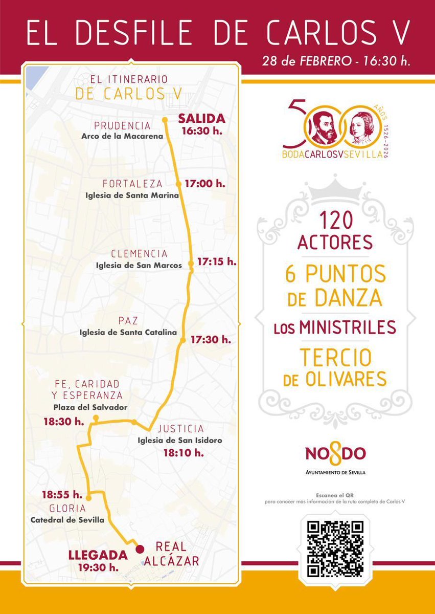 Ayto_Sevilla's tweet photo. Este sábado se celebra el gran desfile🧑‍🤝‍🧑 teatralizado por el V Centenario de la boda de Carlos V👑

✨Un gran espectáculo que contará con:

🔘120 actores
🔘6 puntos de danza
🔘Los Ministriles
🔘Tercio de Olivares

🕟16:30 h – 19:30 h https://t.co/wZ4xJbZJBi
