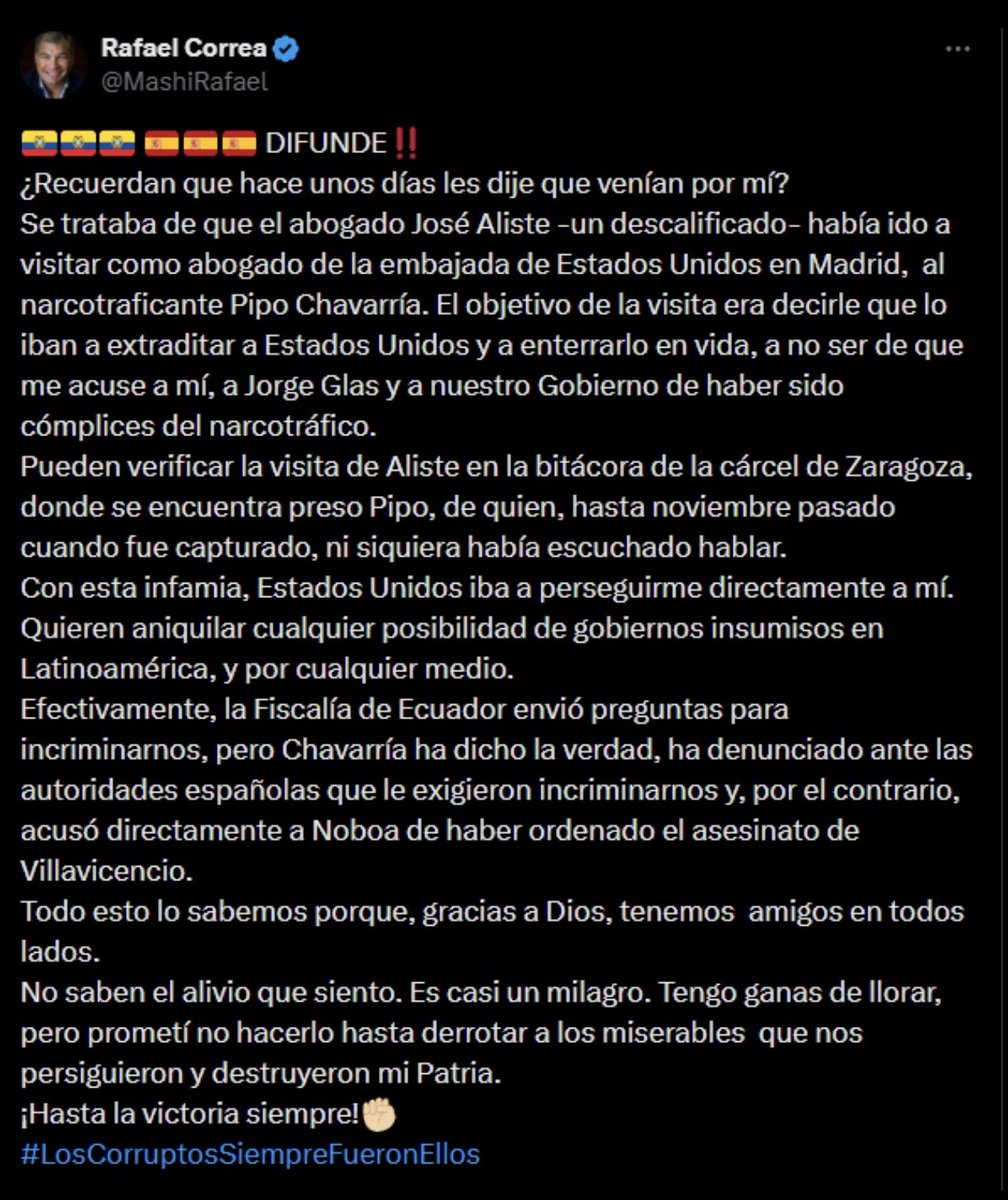 <a href="/MashiRafael/">Rafael Correa</a>, eres un pobre hijo de puta.
Por cierto, el abogado del que te sientes orgulloso, porque visitó a Pipo en la cárcel 2 días antes de su declaración, esta siendo investigado por lavar 30 millones de dólares del gobierno de Maduro.

Miserable, algún día vas a pagar.