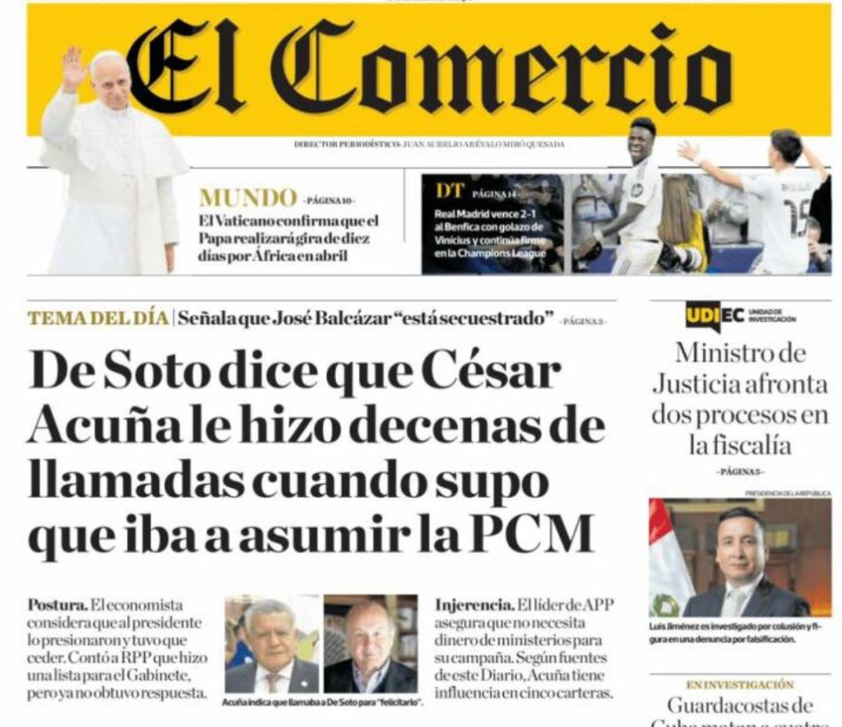 Acuña llamó decenas de veces a De Soto y como no le contestó, le bajó el dedo. Acuña ha cogobernado este quinquenio de descalabro para el país. No gana pero gobierna. Obviamente no es gratuito y nos cuesta a todos los peruanos. Que se investigue. Creen una comisión investigadora