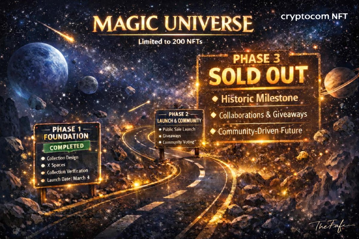 ✨🌌 **MAGIC UNIVERSE — ROAD MAP** 🌌✨ <a href="/cryptocomnft/">Crypto.com NFT</a>
<a href="/cryptocom/">Crypto.com</a> 💙🎉
We’re unveiling the **Road Map** and opening this presentation phase of the project…🎊🎉🥳🤩

🧩 Limited collection of **200 NFTs**
🎨 Unique digital artwork
🗓️ **March 4**
📍 Available on Crypto.comNFT

A