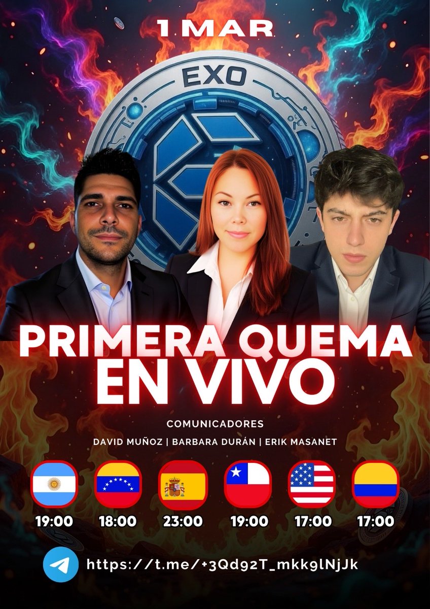 exodumecosystem's tweet photo. 📅 1 de marzo – evento en vivo
Este será un momento histórico para todos los miembros de Exodum:

🔥 quema pública de 10.000.000 de tokens 🔥

Únete al canal oficial para no perderte nada:
👉 https://t.co/4FRh3c8QFX https://t.co/2m1hWKcqe0