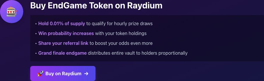 just found out you can get 2x lottery weight by not selling for a few months. called diamond hands tier and it actually matters when the vault's this big

endgame.cash/?ref=C6K1Ghs6