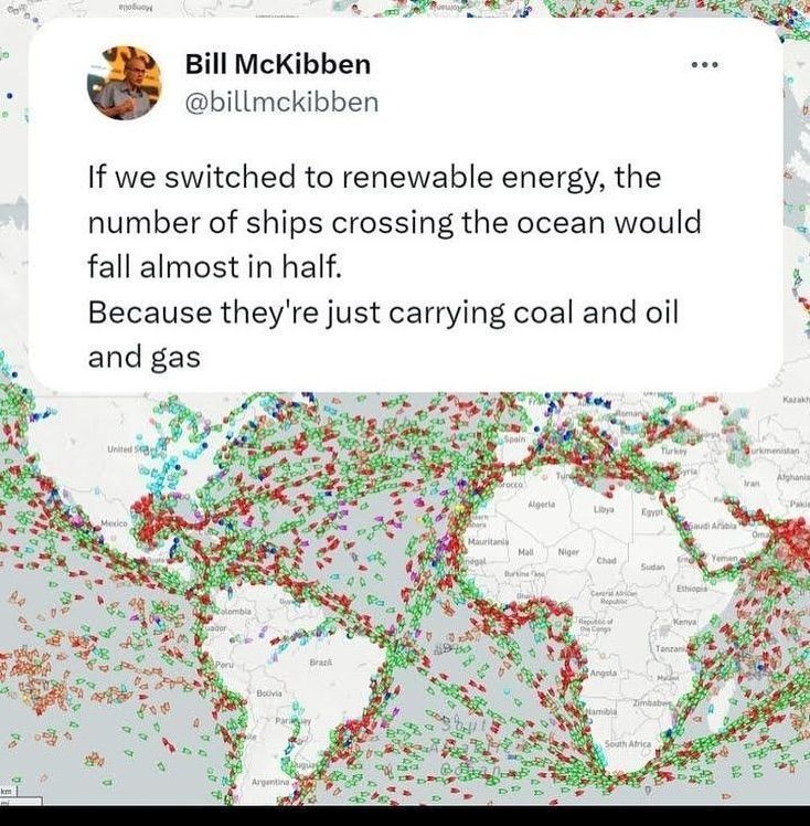 If we switched to #renewableenergy, the number of ships crossing the ocean would fall by 40% because they're just carrying coal &amp; oil &amp; gas!! buff.ly/dpTrSpO

We have the solutions. Implement them. #ActOnClimate 

#ClimateAction #climate #energy #GreenNewDeal