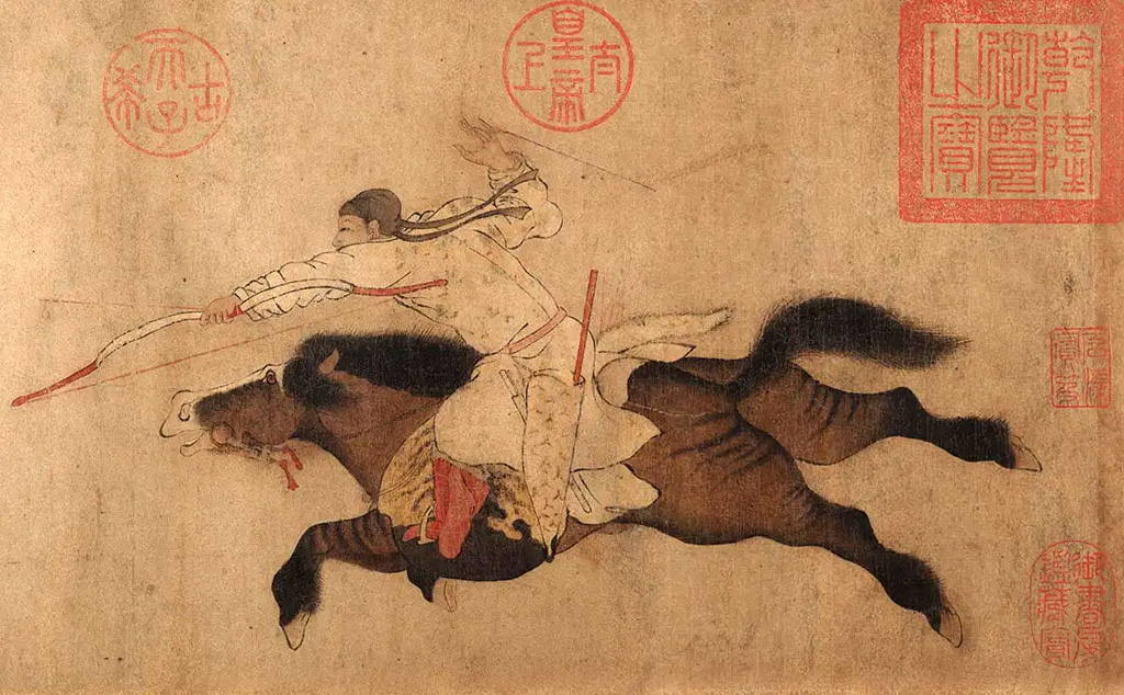 『唐六典』によれば、武挙には射長垛（遠射）、騎射、馬槍意外に、歩射や挙重（力試し）などがありました。また、身長や風貌、弁論といったことも試験が行われたようです。

画像は李残華『射鹿図』（五代時代）。脚には馬の原始的な特徴の一つである縞模様見えます。