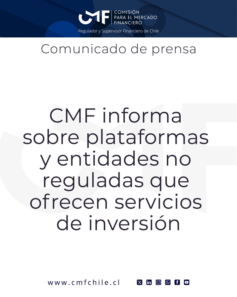 cmfchile_'s tweet photo. #AlertasCMF 🚨 | La Comisión para el Mercado Financiero (CMF) informa a inversionistas y al público en general que las siguientes entidades no están registradas en la CMF y no están autorizadas legalmente para prestar servicios regulados.
🔗https://t.co/Uq0QWHKrmu https://t.co/2Z06qEJnpm