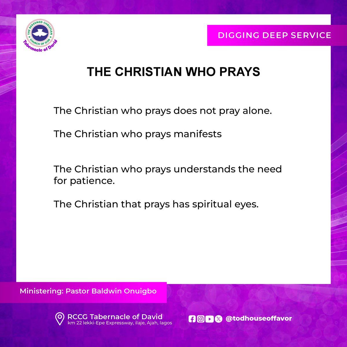 Todhouseoffavor's tweet photo. THE CHRISTIAN WHO PRAYS 🙏🏽  Prayer is not a ritual — it is dependence on God. The one who prays does not stand alone. The one who prays trusts, waits, sees beyond the physical, and walks in peace even through storms.

#DiggingDeepService
#RCCG
#TODHouseOfFavor https://t.co/jstM2BIVOd