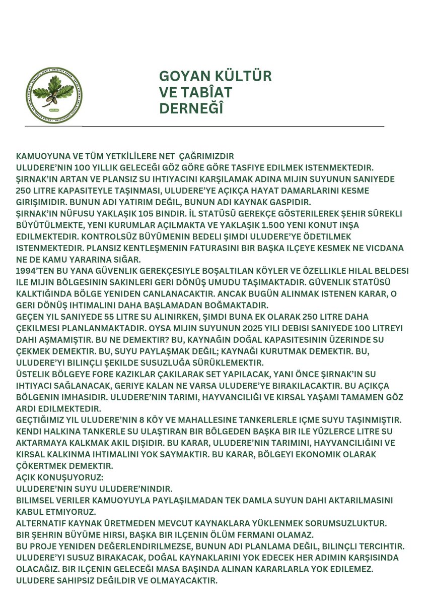 Goyider's tweet photo. Uludere Mijin suyunun Şırnak’a taşınması Bölgenin kuraklığa mahkûm edilmesine yol açacaktır. Yerelin ihtiyacı gözetilmeden yapılan projenin derhal iptal edilmesini talep ediyoruz. @dsi_10_blgmd @SirnakValiligi @arslan_tatar73 @newrozuysalaslan @zekiirmez @csbgovtr https://t.co/SQWOcI8Av4