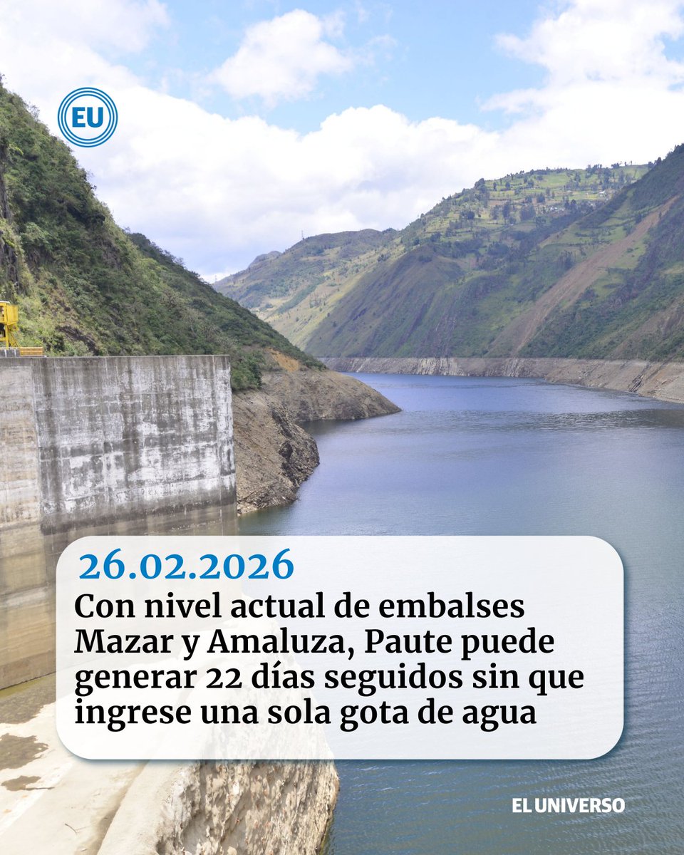 eluniversocom's tweet photo. #Economía | Con nivel actual de embalses Mazar y Amaluza, #Paute puede generar 22 días seguidos sin que ingrese una sola gota de agua https://t.co/cUe8K1Q6RA https://t.co/5Gd9czIwXi