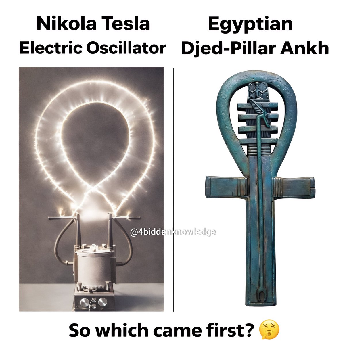 4biddnKnowledge's tweet photo. Nikola Tesla rediscovered the power of the Djed Pillar, Ankh. These oscillators are expressly intended to operate on direct and alternating lighting circuits and to generate damped and undamped oscillations or currents of any frequency, volume and tension within the widest limits. They are compact, self-contained, require no care for long periods of time and will be found very convenient and useful for various purposes as, wireless telegraphy and telephony; conversion of electrical energy; formation of chemical compounds through fusion and combination; synthesis of gases; manufacture of ozone; lighting; welding; municipal, hospital, and domestic sanitation and sterilization, and numerous other applications in scientific laboratories and industrial institutions. While these transformers have never been described before, the general principles underlying them were fully set forth in my published articles and patents, more particularly those of September 22, 1896, and it is thought, therefore, that the appended photographs of a few types, together with a short explanation, will convey all the information that may be desired. The essential parts of such an oscillator are: a condenser, a self-induction coil for charging the same to a high potential, a circuit controller, and a transformer which is energized by the oscillatory discharges of the condenser. There are at least three, but usually four, five or six, circuits in tune and the regulation is effected in several ways, most frequently merely by means of an adjusting screw. Under favorable conditions an efficiency as high as 85% is attainable, that is to say, that percentage of the energy supplied can be recovered in the secondary of the transformer. While the chief virtue of this kind of apparatus is obviously due to the wonderful powers of the condenser, special qualities result from concatenation of circuits under observance of accurate harmonic relations, and minimization of frictional and other losses which has been one of the principal objects of the design. Now you know 4biddenknowledge. Written by Billy Carson and posted originally in 2014 on Facebook and IG.