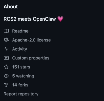 GM $ROSClaw holders

While we wait for the next announcement, Im once again reminding everyone please support <a href="/irvinxyz/">Irvin (in Japan 🇯🇵)</a> <a href="/livinoffwater/">Natalie</a> github repo.  

Lets get ROSClaw project trending on GitHub

Go to GitHub and star their project👇
github.com/PlaiPin/rosclaw