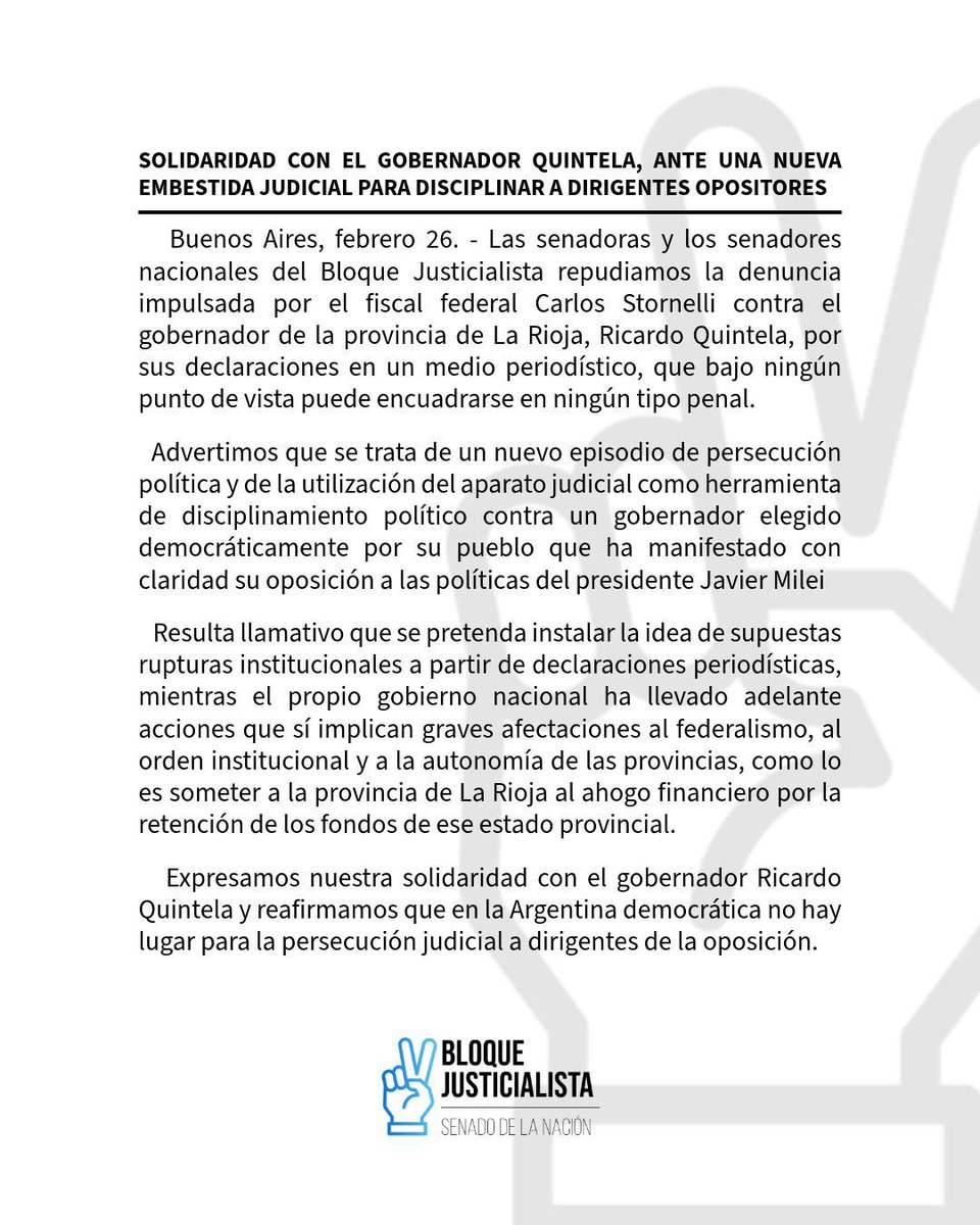 BJusticialistaS's tweet photo. • #COMUNICADO 
Solidaridad con el Gobernador Quintela, ante una nueva embestida judicial para disciplinar a dirigentes opositores 👇 https://t.co/NVdZE1ru3x