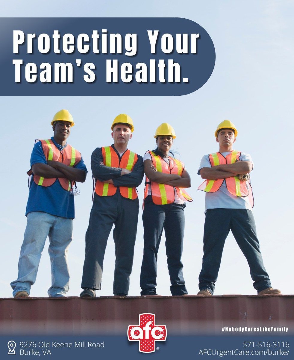 SouthFairfax's tweet photo. From #SFCCmember AFC Urgent Care Burke
Protect the health & well-being of your employees w/ our occupational health services. Thorough exams & screenings to help your business thrive.
𝐡𝐭𝐭𝐩𝐬://𝐰𝐰𝐰.𝐚𝐟𝐜𝐮𝐫𝐠𝐞𝐧𝐭𝐜𝐚𝐫𝐞.𝐜𝐨𝐦/𝐛𝐮𝐫𝐤𝐞/
9276 Old Keene Mill Rd, Burke https://t.co/ka3HHOkK7u